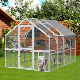 Outdoor Cat House Cat Enclosures 110" Large Kitten Playpen with Platforms,Upgrade Waterproof Cover-Grey and White