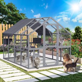 Outdoor Cat House Cat Enclosures 110" Large Kitten Playpen with Platforms,Upgrade Waterproof Cover-grey (Main Color: Blue+Grey, Main Material: Metal & Wood)